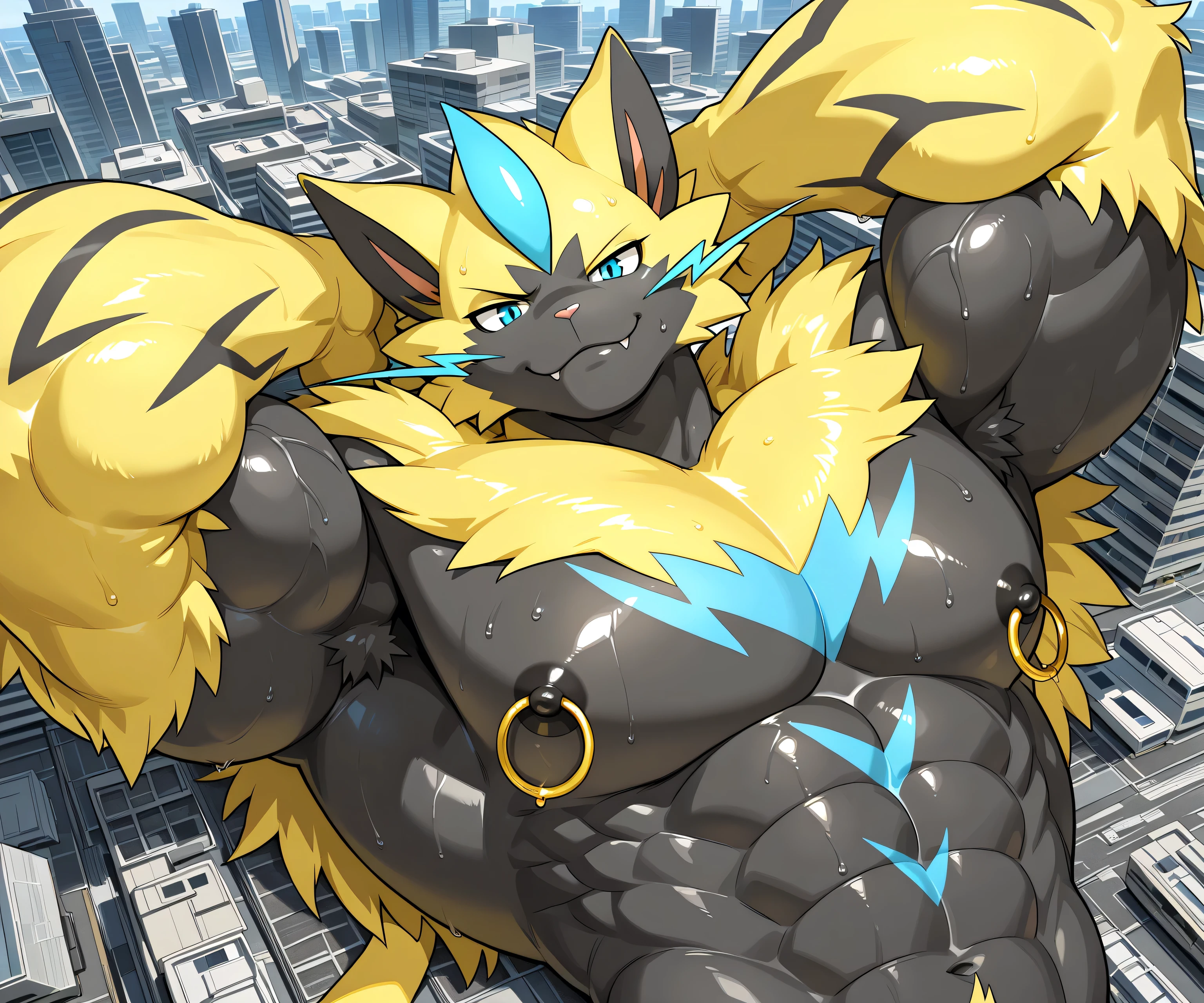 kemono, bara, solo, furry, Anthro, zeraora, male, tail, fangs on lips, muscular, posing, leaning backward, huge black nipples, golden nipple rings, broad shoulders, huge arms, broad chest, yellow fur on head, yellow fur on arms, detailed background, serious, smile, one eyebrow raised, sweaty, high view, lying down, macro, city, looking at viewer, upper body shot, flexing an arm BREAK score_9_up, score_8_up, score_7_up, score_6_up, score_5_up, score_4_up BREAK by null-ghost