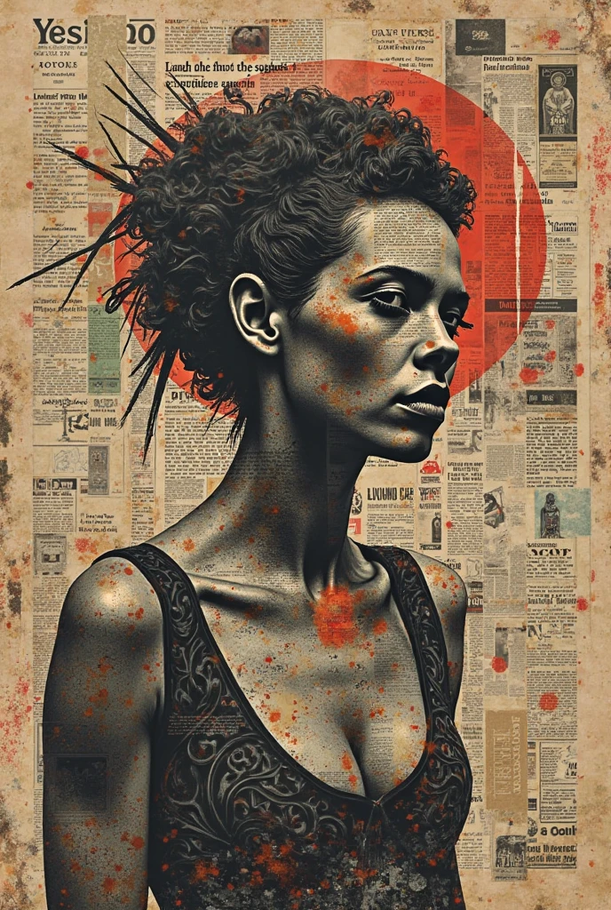 Collage Chaos, Newspaper articles, vintage photographs and pulp magazines were cut and pasted as components, brush painted and stamped,