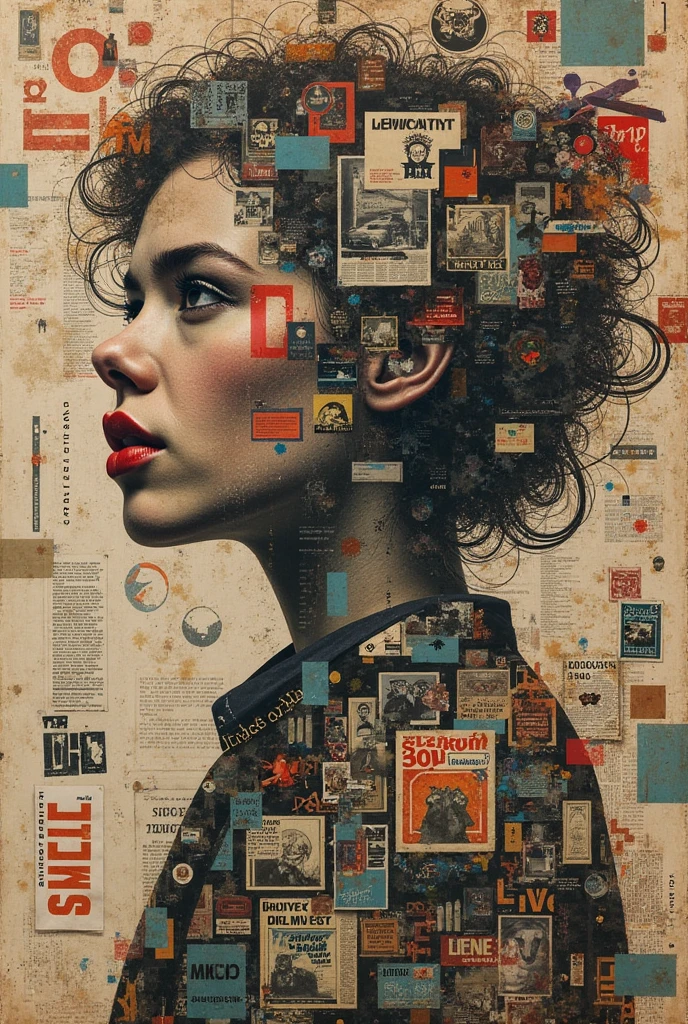 Collage Chaos, Newspaper articles, vintage photographs and pulp magazines were cut and pasted as components, brush painted and stamped,