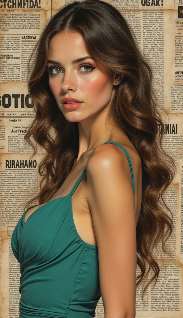 ((((collage art)))). masterpiece, best quality, magazine clippings. face portrait of Russian ???? tall woman, very beautiful fragile Russian, ???????????. she has long wavy hair, she is wearing teal vintage dress. mix of old russian newspapers clippings on background