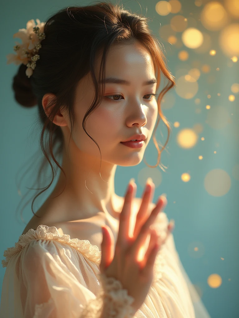 'lightness and health' photography, combined with the main banner (Dragon + golden energies). close-up footage, with natural light and soft blue gradients (#E6F7FF)  and gold  (#FFD700) in the background . Young woman (Slavic appearance) full-length in an airy dress makes a smooth movement of the hand (a hint of dance/Qigong). Her skin glows with health, around — golden particles (a symbol of renewal).
Glow after practice: the effect of a 'wet' skin glow, like after spa care.
ultra-realistic skin texture, Canon EOS R5,  unearthly lighting . No pain, just an expression of relief