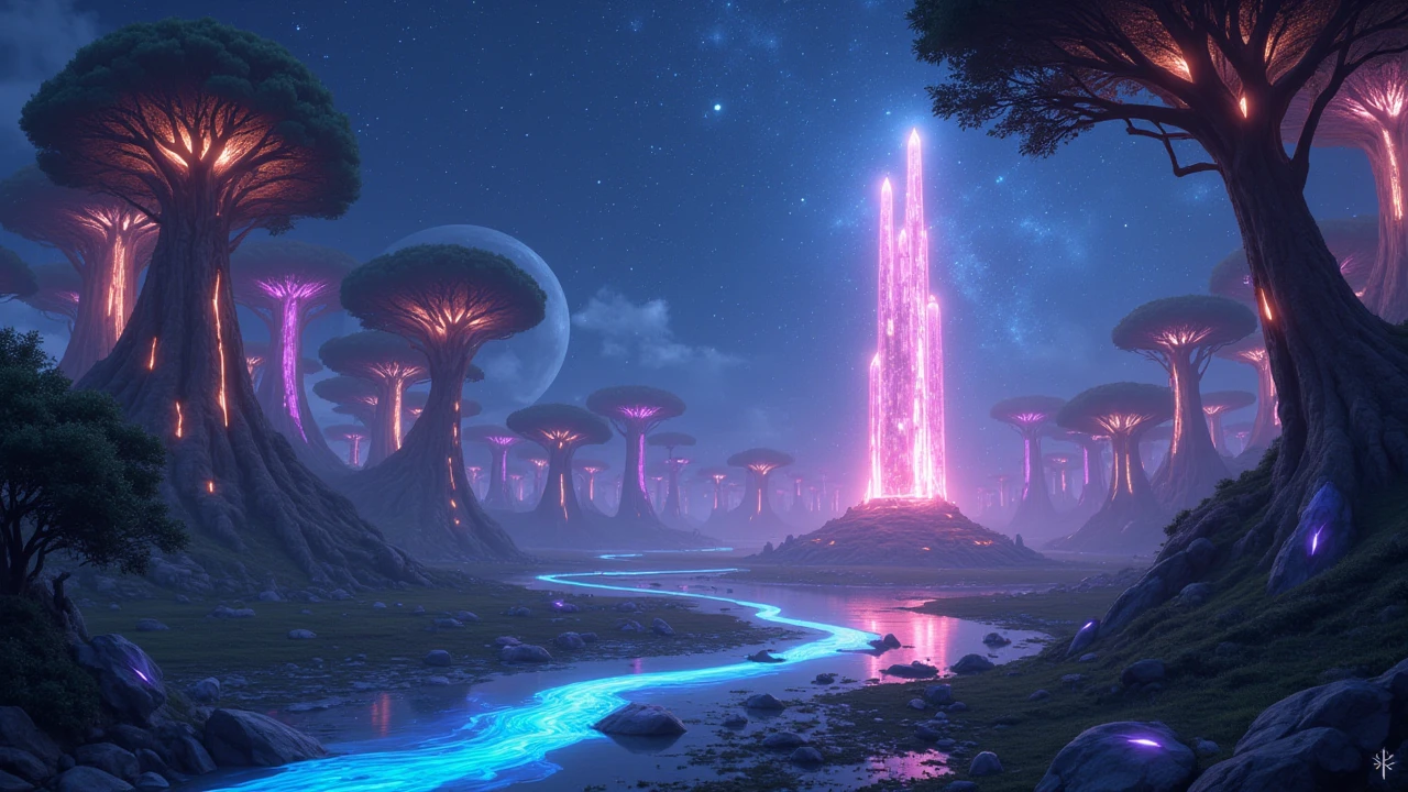 Sacred crystal forest illuminated by starlight, glowing trees of energy, rivers of liquid light flowing around, surreal dreamscape, vibrant digital artwork, ultra detail