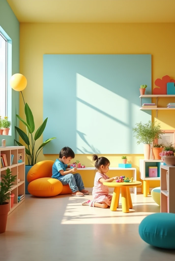 Interior of a daycare center. Kinder spielen. Die junge Erzieherin mit braunen langen Haaren kniet vor einem Kind.