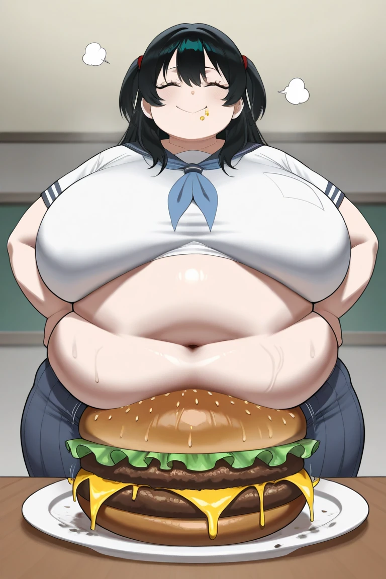 ((Masterpiece)), perfect anatomy, perfect shading, field of depth, (best quality), extremely delicate and beautiful, perfect lighting, detailed face, ultra cute face, cute, (cowboy shot 1.2) , looking at viewer, full body, (((1girl))), (((solo))), cheerleader
long hair, fluffy hair, brown hair, pony tail, green eyes, (((blush))), nervous, (cheerleader uniform), (white tank top 1.2), (short section red skirt 1.2), thigh highs, chocker, extremely tight clothes, large breasts, cleavage, perky breasts, (wide hips), (thick thighs), pudgy,
fast food restaurant, intricate background, detailed background, sweaty,