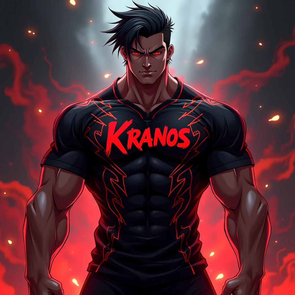 An anime bodybuilder posing in gym and at his back there is a text 'vasu ' written with blood with dark cc