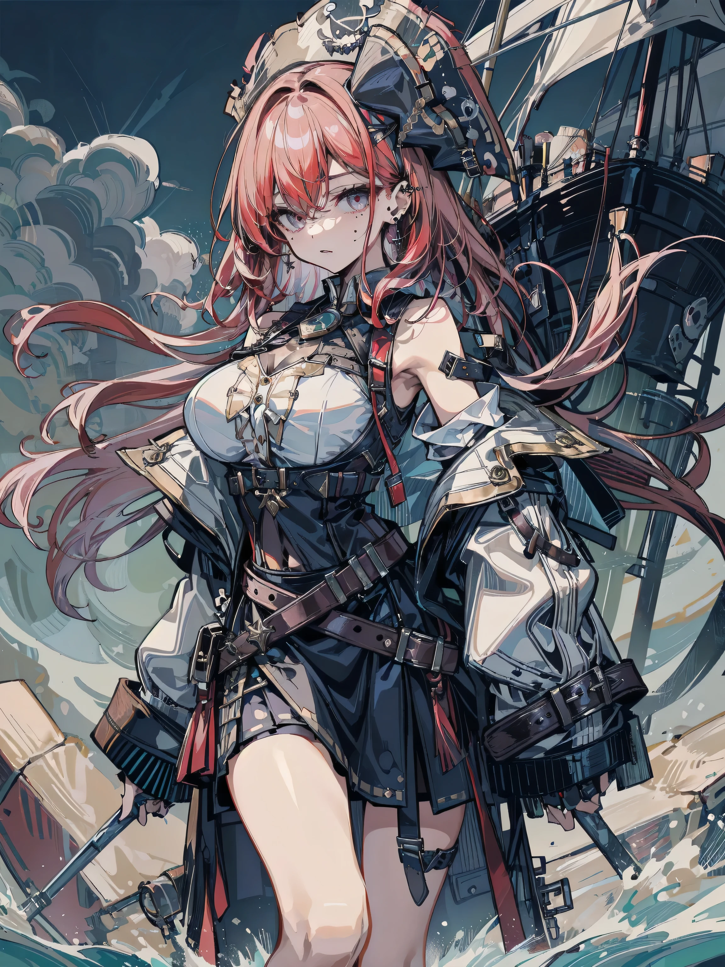 colorful, girl,evil smile, white themeand pink theme sweaterribbed sleeves,upper body,(detailed face:1.2), (medium breasts),(cleavage),(thigh bands),long Redhead hair,asymmetrical bangs,Tarot border,The portrait is centered,(no weapon),(bouncing breasts), (raw photo:1.2), ((photorealistic:1.4)), best quality, masterpiece, illustration, an extremely delicate and beautiful, extremely detailed ,CG ,unity ,8k wallpaper, Amazing, finely detail, masterpiece,best quality,official art, extremely detailed CG unity 8k wallpaper, absurdres, incredibly absurdres, huge filesize, ultra-detailed, highres, extremely detailed,
beautiful detailed girl, extremely detailed eyes and face, beautiful detailed eyes, light on face, cinematic lighting, full body, full-body shot, see-through, outdoors, (( diamond )),  orange background ,  white theme,  bear stomach,  (on a pirate ship), shooting a cannon, pirate hat,  ((from side)),