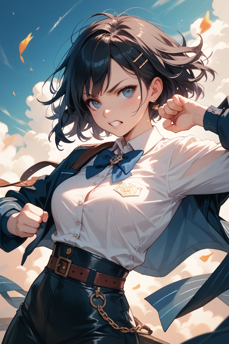 An image of JK with black hair opening in an M shape and punching