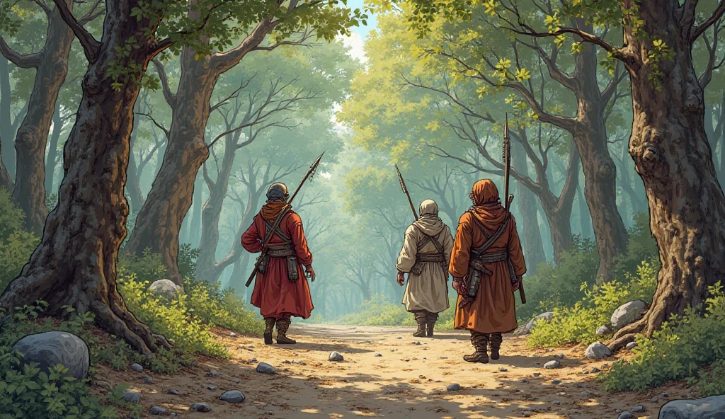 The illustration style is semi-realistic, with strong outlines and detailed shading, resembling a historical or graphic novel artwork.

Prompt:
While traveling through a forest, some bandits approached Sabir and tried to rob him.