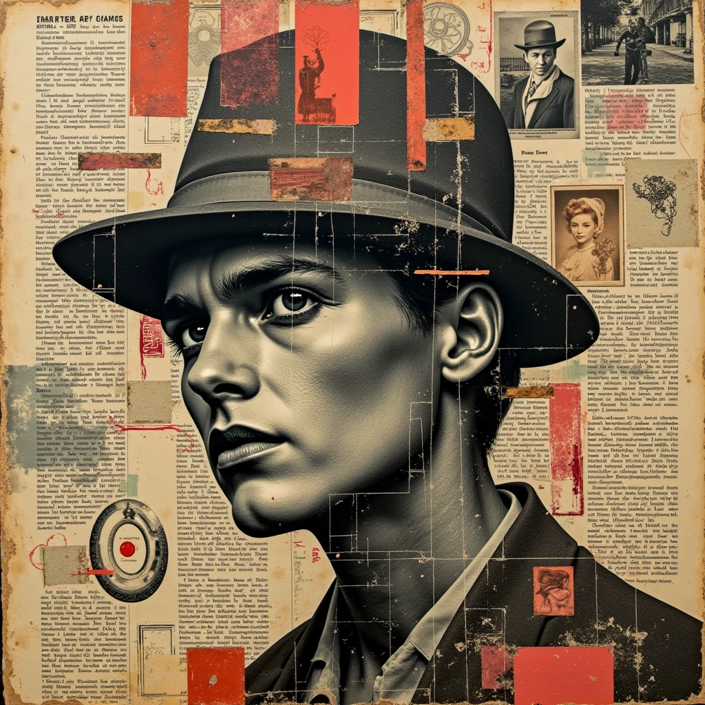 Collage Chaos, Newspaper articles, vintage photographs and pulp magazines were cut and pasted as components, brush painted and stamped,