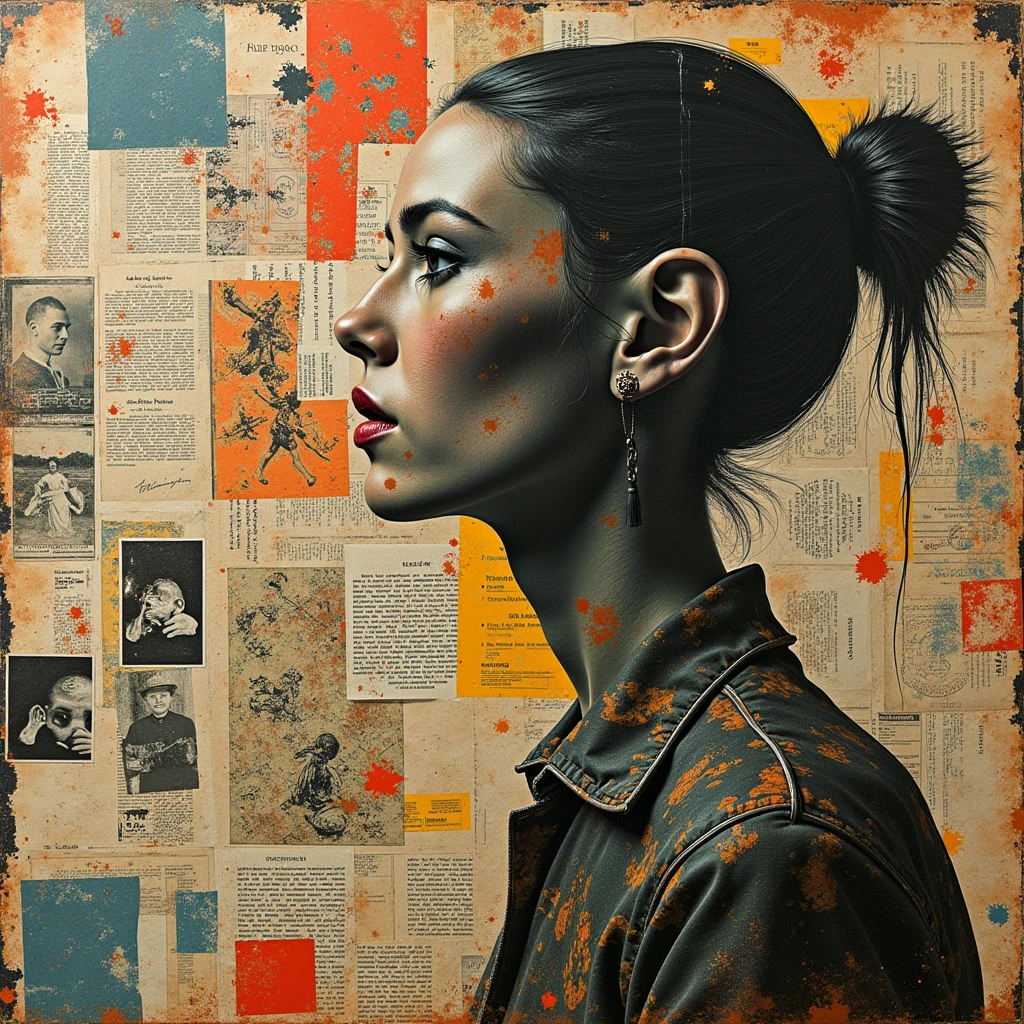 Collage Chaos, Newspaper articles, vintage photographs and pulp magazines were cut and pasted as components, brush painted and stamped,