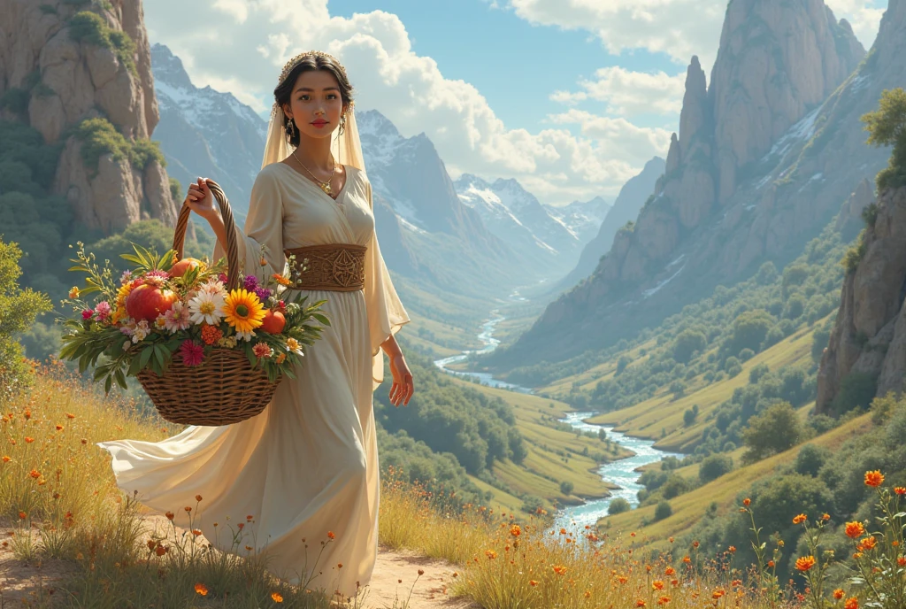 Princess "Zainab" walking through mountains with basket of flowers, fruits and honey