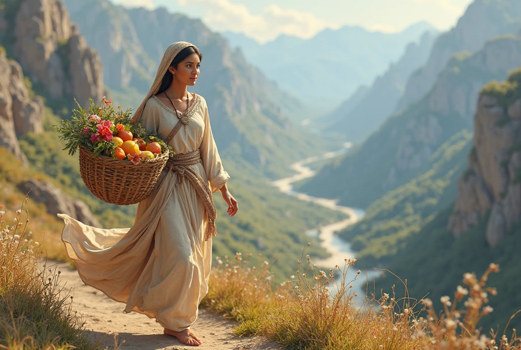 Princess "Zainab" walking through mountains with basket of flowers, fruits and honey