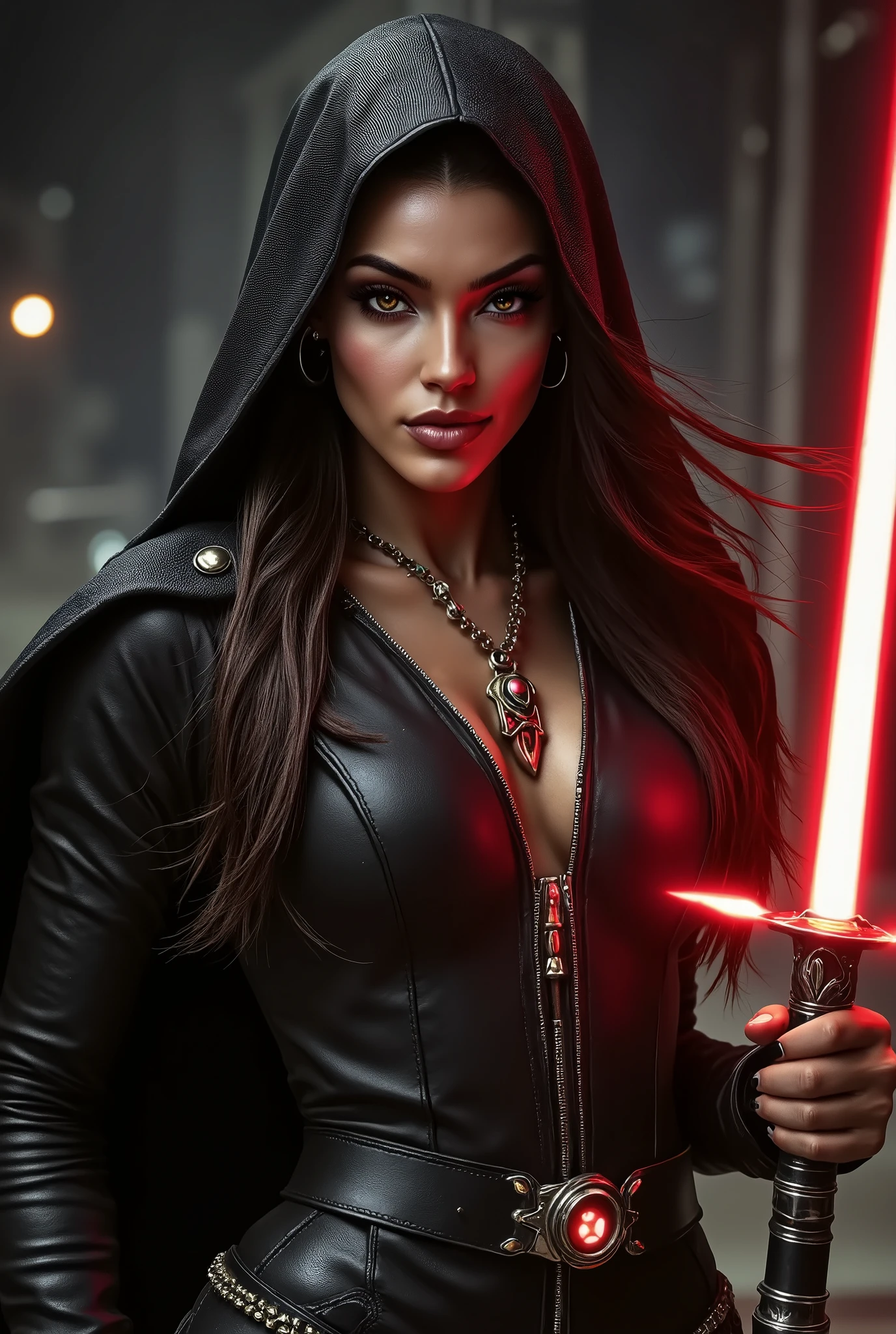 full body shot, female warrior, sith lord, star wars, red lightsaber, intricate details,beautiful detailed eyes, beautiful detailed lips, extremely detailed face, long eyelashes, evil look, diabolic, dramatic lighting, dark fantasy, chiaroscuro, cinematic composition, dramatic pose, dynamic action, moody atmosphere, deep shadows, vibrant colors, photorealistic, 8k, masterpiece