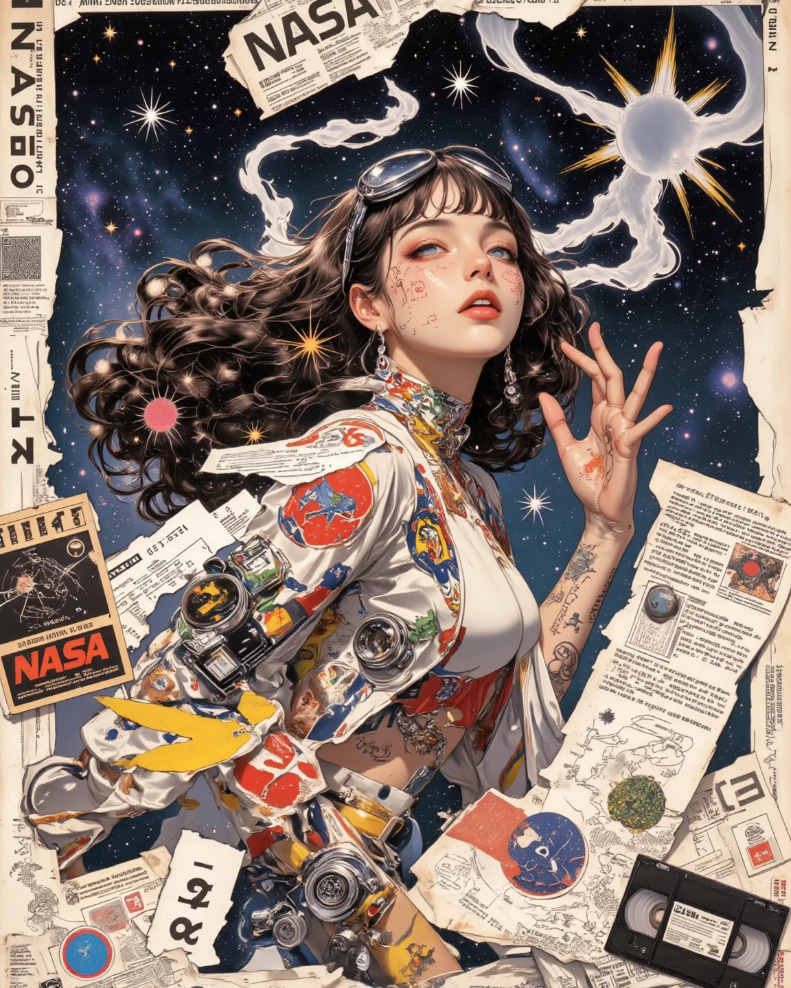 A surreal anime-style collage of a beautiful woman floating in outer space, wearing 70s retro-futuristic fashion, surrounded by torn vintage magazine pages, celestial maps, and analog space gear. The background is a dreamlike galaxy filled with starbursts, old NASA schematics, retro sci-fi typography, and glitchy textures from worn-out VHS tapes. Her hair flows like cosmic smoke, and her body is partially layered with old newspaper textures and cosmic patterns. An experimental layout with vivid colors, deep shadows, retro print effects, and a handcrafted paper cutout style. Psychedelic, nostalgic, and defying logic.

