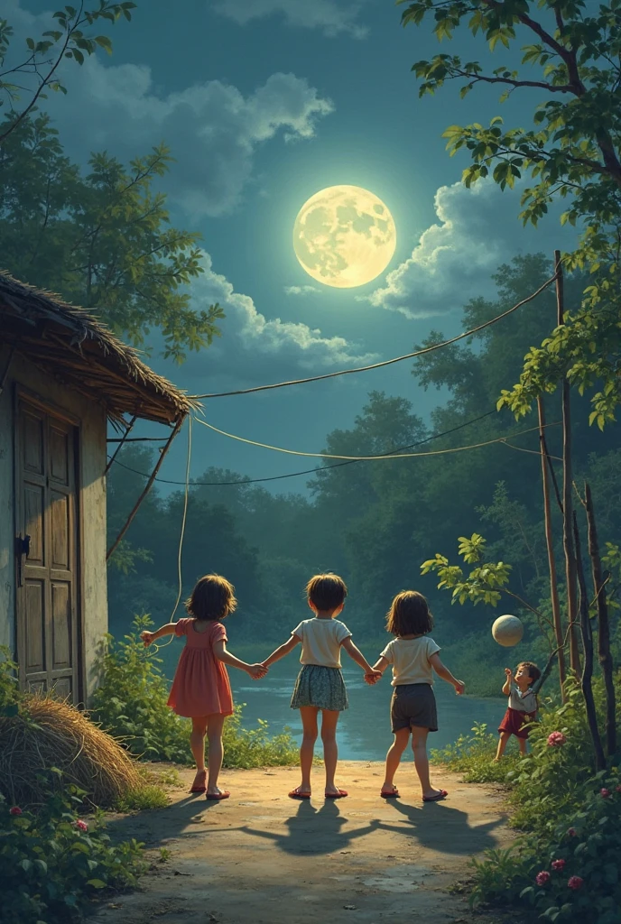Photo In a poor Vietnamese countryside in the 90s on a moonlit night there is a garden house 3 girls playing rope dance, 2 boys have fun shooting balls in the yard next to a pile of straw