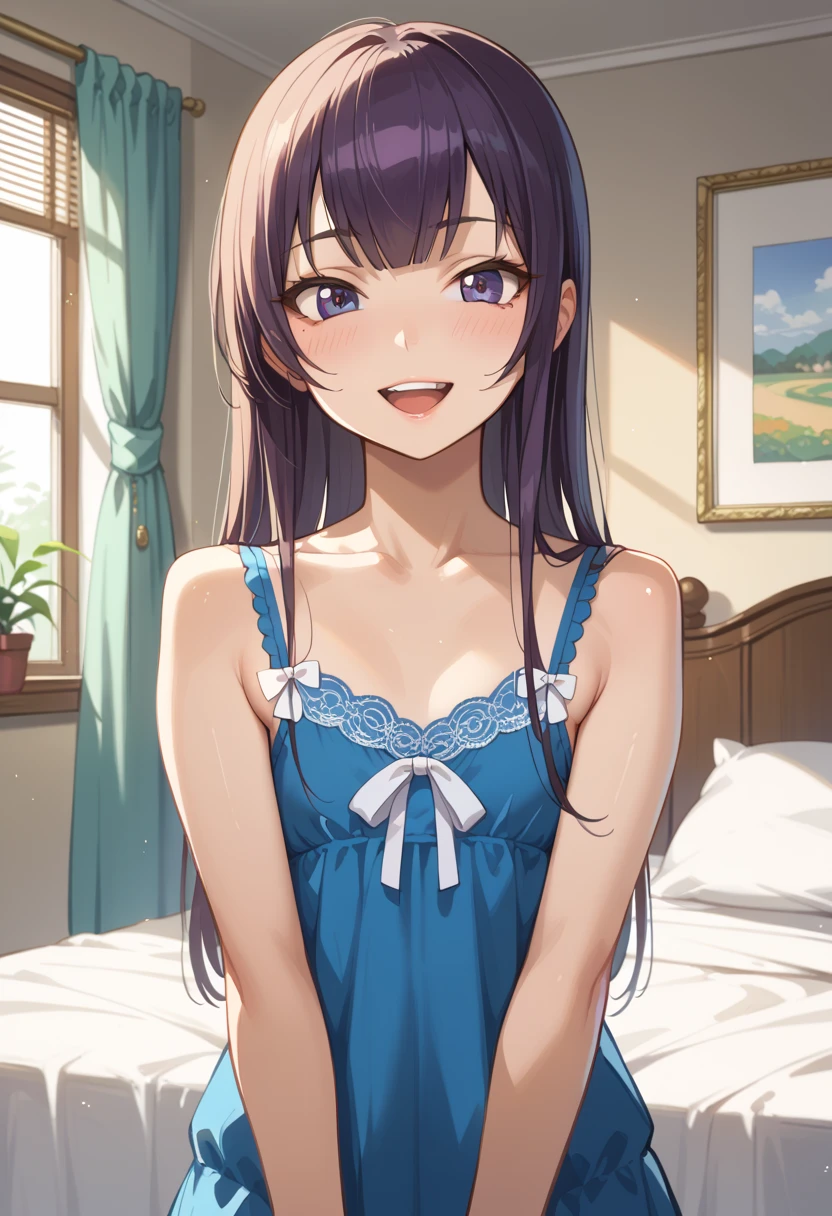 ((top quality)), ((masterpiece)), (be familiar with), perfect face, indoor, bedroom, watching viewers,
One woman, Saeko Tokushima,
open mouth, ecstatic expression, blush, smile,
small , flat chest, Young girl, lori, ren, girl,
long hair, long hair,
opening,