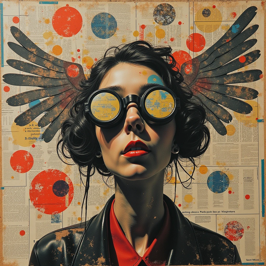 Collage Chaos, Newspaper articles, vintage photographs and pulp magazines were cut and pasted as components, brush painted and stamped,