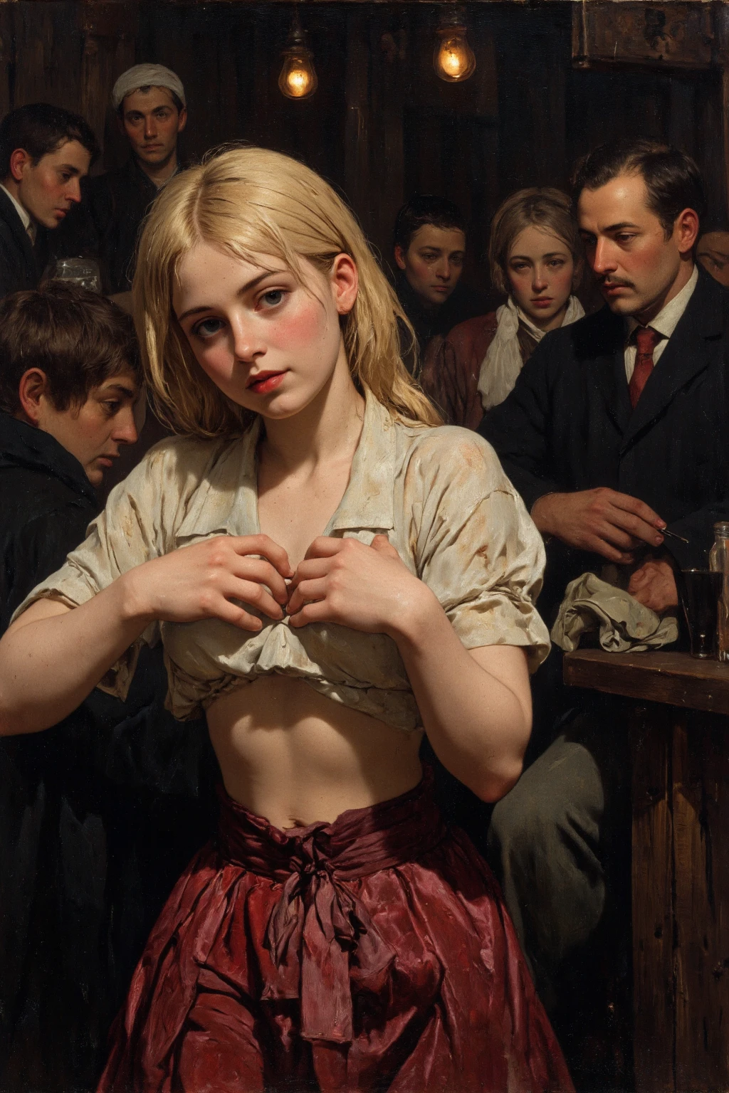 NSFW, 19th Century style,
Oil painting, 
painted by William Adolphe Bouguereau,
law light, dark,
skindentation, real textured skin,
Expressiveh, (realistic), OverallDetail,
dramatic scene,

19th century, 
(slums:0.5),
in a cheap tavern in 19th century Paris,
At dusk,
poor workers gather, 
girl standing, 

1girl, 
very cute girl,
(she is very young, low  girl:1.5),
(she is wearing red skirt and unbleached collared shirt), The girl's clothes are worn out and beggar-like dirty,
she is blond very long hair, 
beside her is a man speaking to her, 
indoor, 
the girl is facing viewer, 
She opened the front of her shirt with her own hands and exposed her breasts, 
She's a cheap whore, 
even a poor man can have her, 
(she smile:0.5),