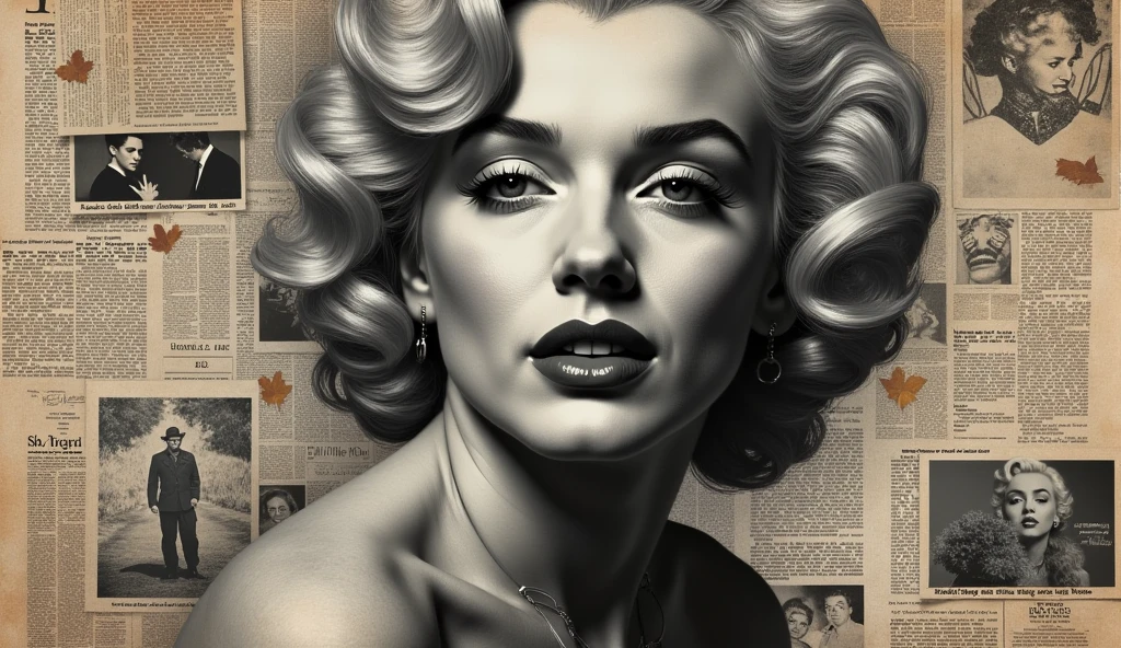 Theme collage art, Merlin Monroe, in black and white, вырезки из газет про Merlin Monroe, ????