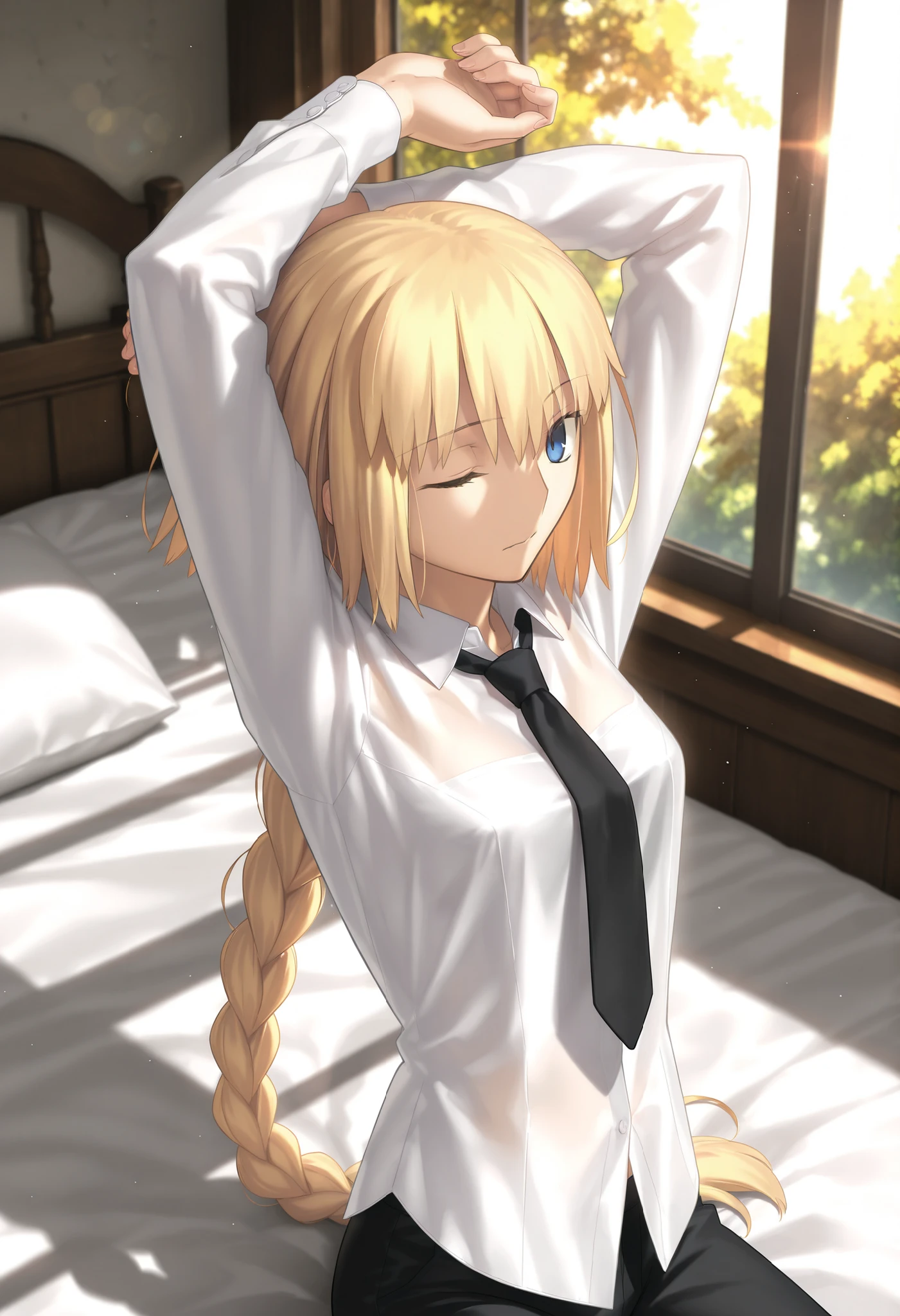 masterpiece, , absurdres, highres, detailed background, high resolution, masterpiece, necessary, detail, best quality, quality, necessary, details, High details, Precise, indoors, (dappled sunlight), day, lens flare, blurry background, ((from above)), upper body, , solo, ,
1girl, , Takeuchi Takashi (type-moon,tsukihime) style, takeuchi takashi style, ((Stretching, Reaching out and stretching, arms up)), ((Napping)), (((one eye closed, eyelids half closed ))), (sitting) , ,
tall girl, mature, jeanne d arc, \(fgo\), blue eyes, , jeanne d arc, blonde hair, medium hair, ( floating hair ), (open white dress shirt), black necktie, ,big braid, single braid, small breasts, underwear, looking at viewer, pale bra ,light see-through, concrete, pants , ,