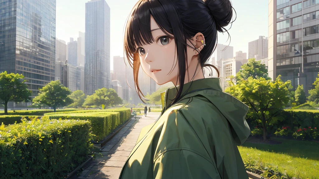Shiraishi Mei, Looks exactly like Shiraishi Mei, woman looking up at the sky , (top quality、masterpiece、high resolution)、、(anime art)、（( neatly trimmed bun hair 1.8)）。One person･solo((2.0))、20th Generation、Right beside･profile（(1.2)）、 so that the light source is blurry 、To see into the distance、Chicago、garden、skyscrapers、high-rise apartment、Spring Clothes、 spring coat without braids、季節は初夏、A row of fresh green trees、pictures, realistic, top quality, Detailed Faces,　, detailed background,Light, Depth of Written Boundary, Bokeh (top quality: 1.2), (masterpiece: 1.2), Watch Viewer,  Vision、piercing、((( panorama:1.2)))