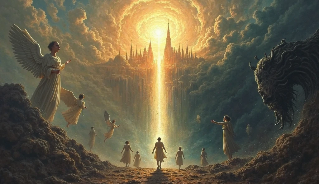 “A split landscape: on one side, souls entering a heavenly city; on the other, souls falling into a dark abyss, with angels and demons present.”
