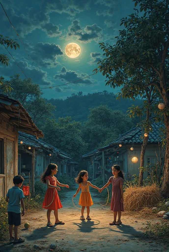 Photo In a poor Vietnamese countryside in the 90s on a moonlit night there is a garden house 3 girls playing rope dance, 2 boys have fun shooting balls in the yard next to a pile of straw
