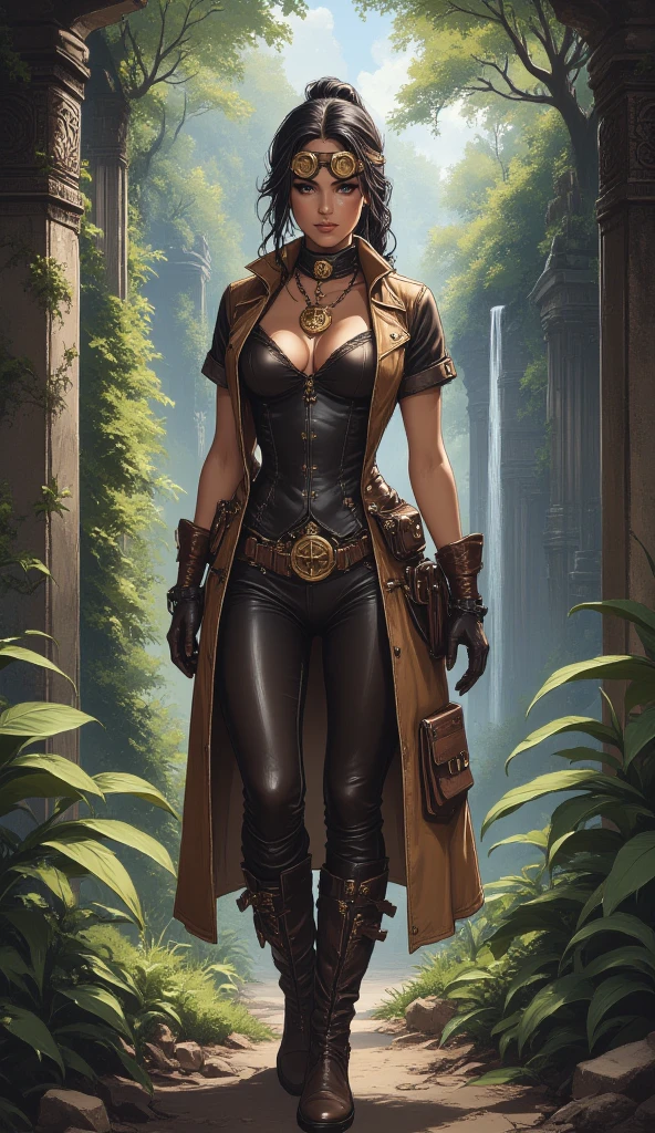 In the heart of a lush jungle, where the air is thick with humidity and the sounds of exotic wildlife echo through the trees, a fearless steampunk adventurer navigates the remnants of an ancient civilization. She is dressed in form-fitting leather pants that allow for ease of movement as she climbs over crumbling stone and tangled vines. The rich, dark leather is both durable and stylish, perfectly suited for her daring exploits. Her tanned skin glistens with a sheen of sweat, a testament to her relentless pursuit of adventure. She wears a fitted, short-sleeved shirt made of breathable fabric, its earthy tones blending seamlessly with the jungle surroundings. Over her shirt, she sports a long, weathered coat, its edges frayed from countless journeys. The coat is adorned with brass buckles and pockets filled with tools, maps, and other essentials for her explorations. Her sturdy, knee-high leather boots are equipped with reinforced soles, ideal for traversing the uneven terrain of the ruins. A pair of vintage goggles rests on her forehead, ready to protect her eyes from the dust and debris as she uncovers the secrets of the past. Around her neck, a brass pendant shaped like a compass dangles, symbolizing her unyielding sense of direction and adventure. A leather satchel hangs at her side, filled with artifacts and treasures she has collected along her journey. As she stands amidst the towering stone structures, vines creeping over the ancient carvings, her confident stance and determined gaze reveal a woman who thrives in the face of danger, ready to uncover the mysteries hidden within the jungle's depths.
