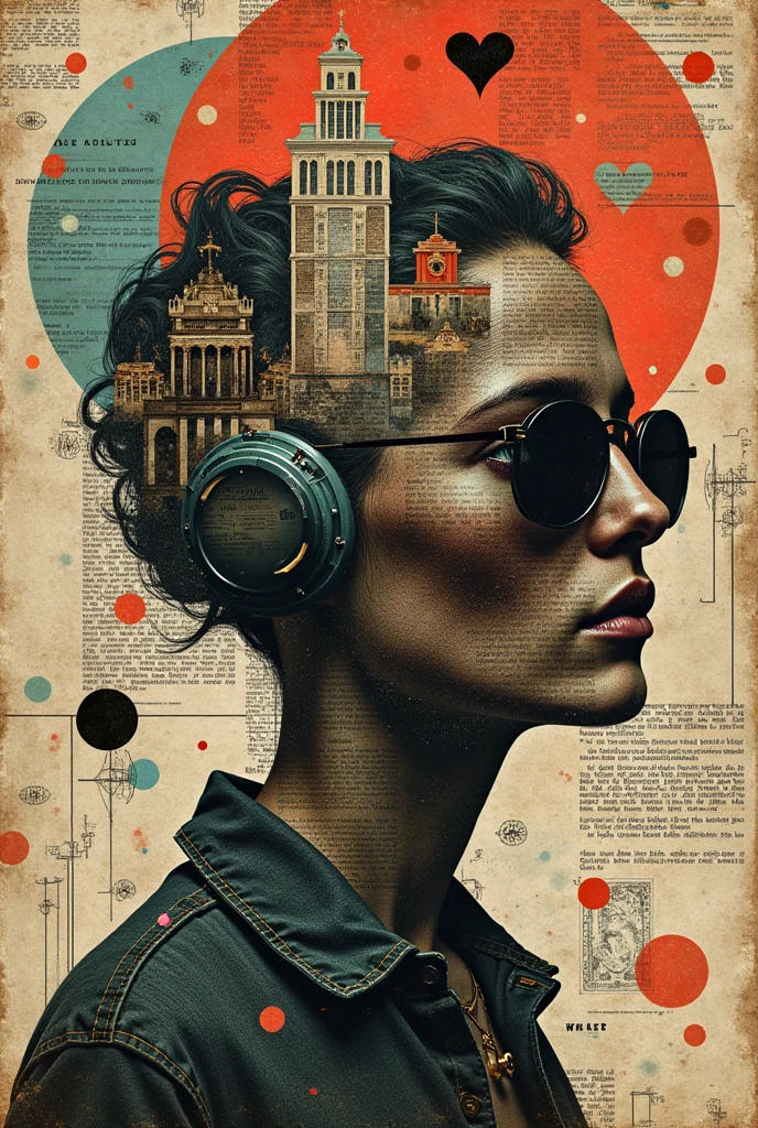 Collage Chaos, Newspaper articles, vintage photographs and pulp magazines were cut and pasted as components, brush painted and stamped,