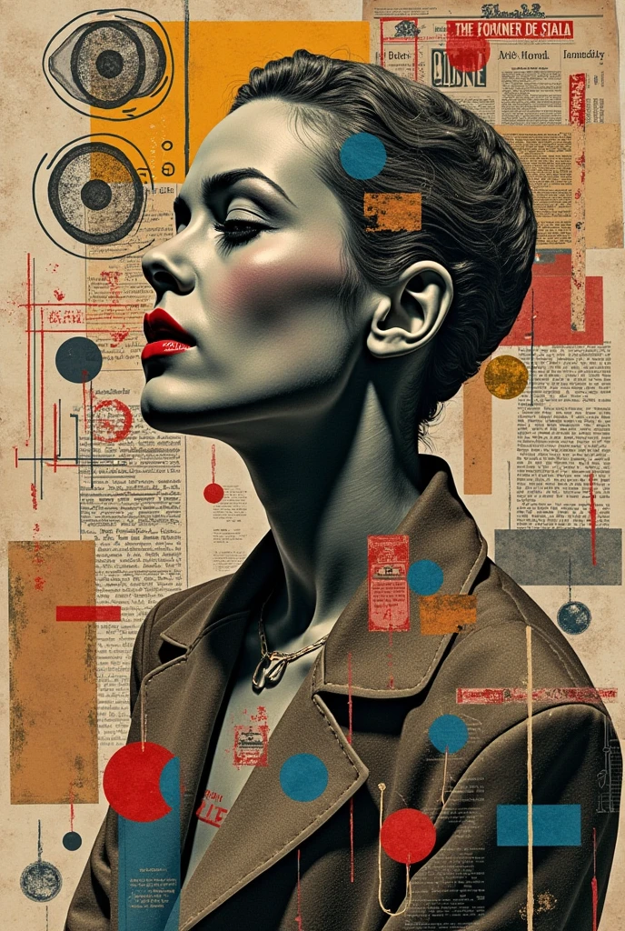 Collage Chaos, Newspaper articles, vintage photographs and pulp magazines were cut and pasted as components, brush painted and stamped,