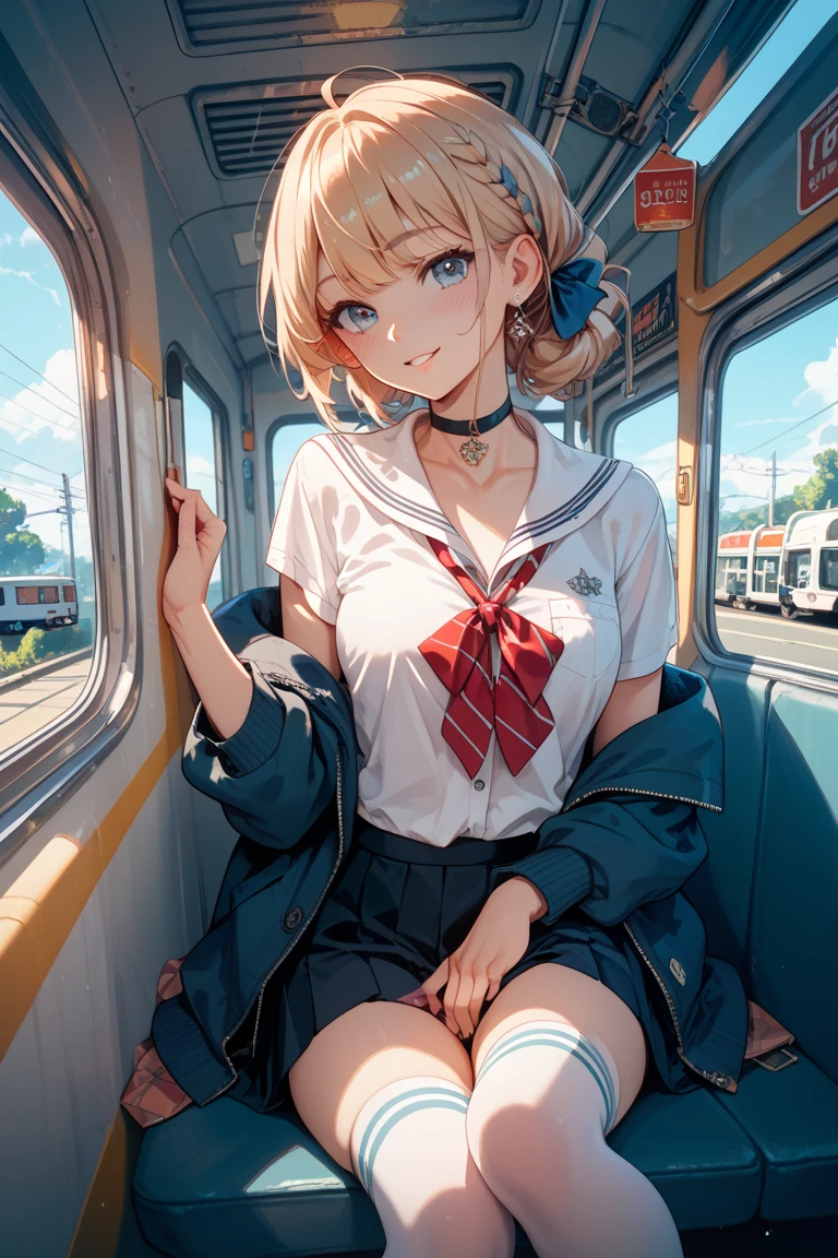 best quality,ultra-detailed,high resolution,extremely detailed CG,perfect anatomy,detailed,cinematic lighting,beautiful detailed eyes,ultra high res,cowboy shot,NSFW,1girl,15years old,gleaming skin,oil skin,gold hair,small breasts,sweat,humid,trembling,strong light coming in,spot lighting,bright,,strong facial expression,(sharp eye:1.2),(scowl:1.1),(stare at viewer with stern eyes:1.5),on the train, train interior, front view of front seat,(looking away:1.4) ,(staring at smartphone:1.7),(sitting:1.3),(skirt:1.3), show off panties, white panties, (cameltoe:1.2), cowboy shot,silver hair,(seductive smile:1.8),(sweat:1.2),(open mouth:1.3),sailor suit