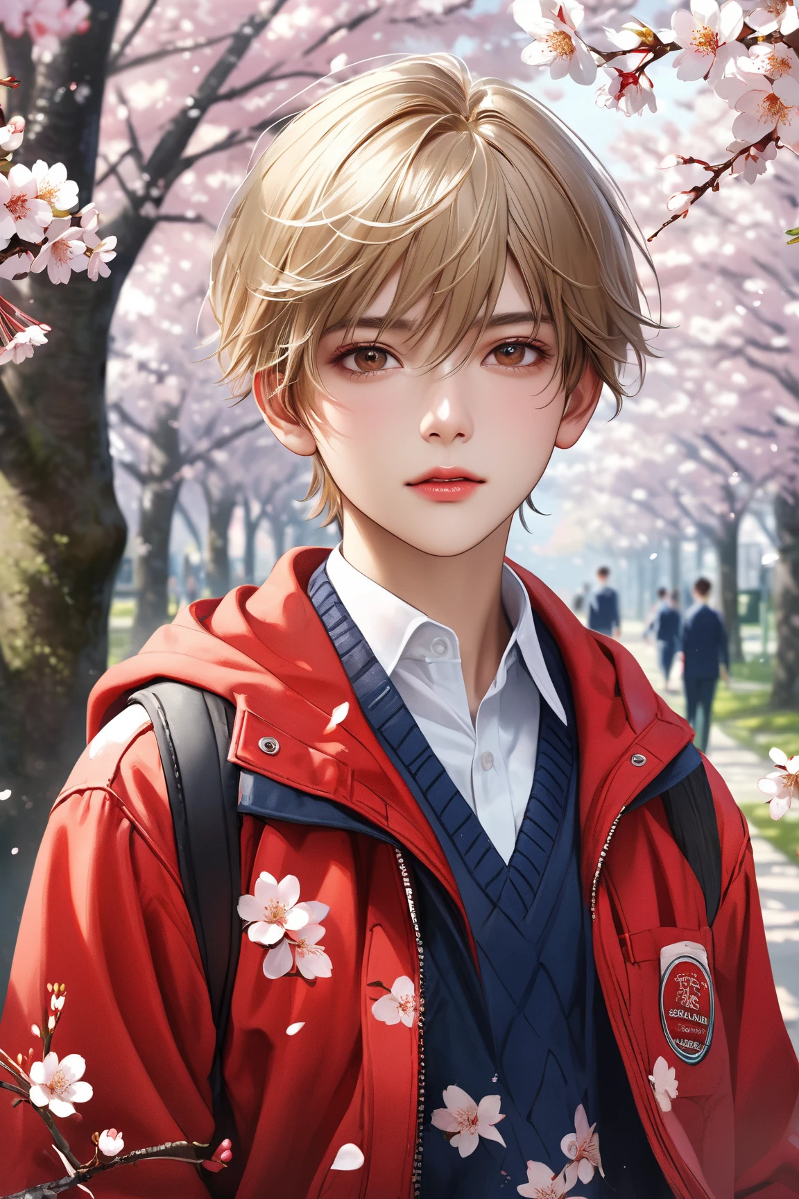high quality, realistic, white cherry blossoms,　school boys,
