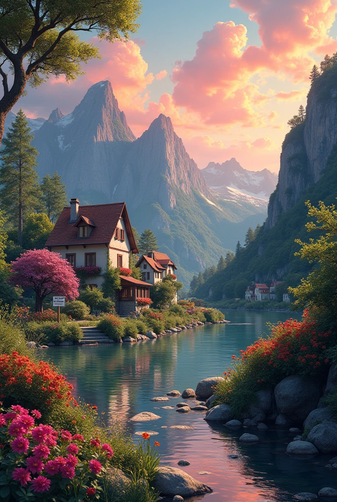 a small village by the river, mountains in the background, floral flowers colorful, detailed landscape, Beautiful natural landscapes, atmospheric lighting, scorching sunset, warm colours, practical, photopractical, Detailed Foliage, complex buildings, cobblestone street, Charming country house, swirly vibrant colors, lush vegetation, Still water reflections, Picturesque, idyllic, work of art, best qualityer, 8k, extremely detaild,anime styling