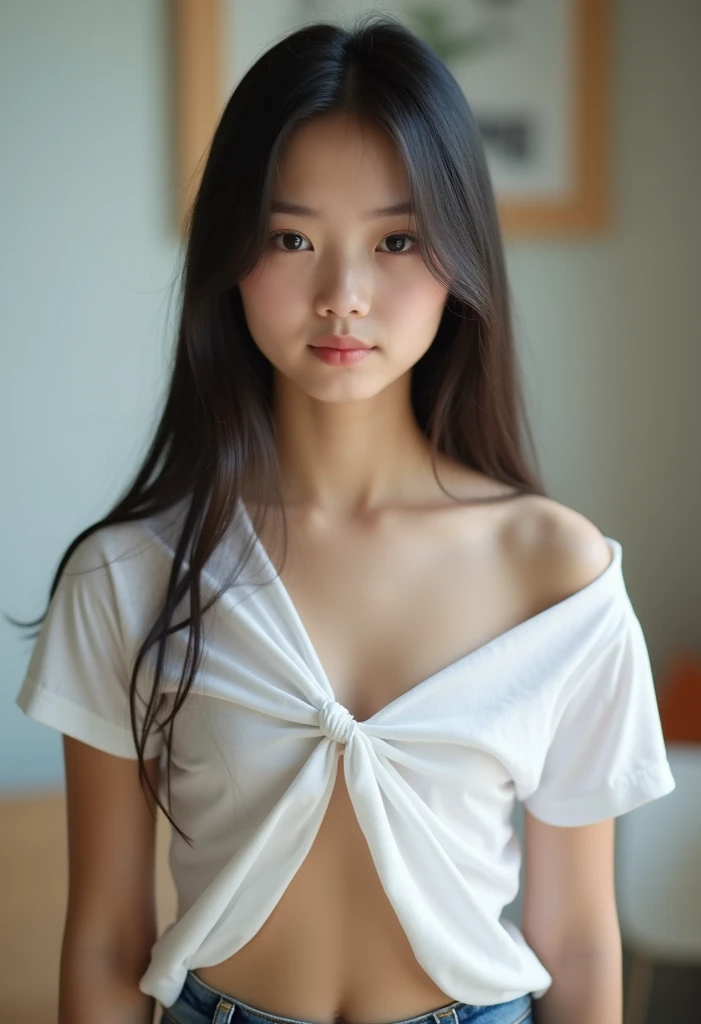 1 Thai Girl 13 years old, beautiful face, Chinese look, long black hair, small breasts , looking at viewer, black eyes, full body framing, realistic full lips and nose flirting with the camera