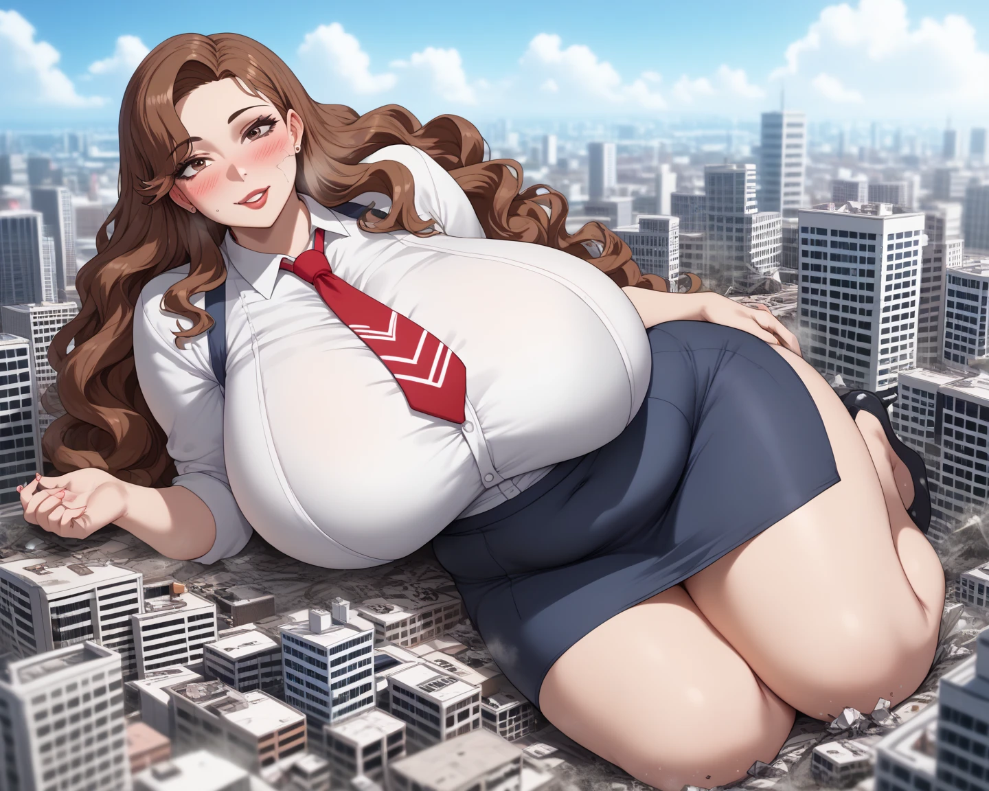 Perfect detail, Special Details, Highest quality,,expensive、Empress,A satisfied smile 、Confident Face,Triumphant Face、conceit、わがままEmpress、sense of beauty、Overwhelming Dominance、Overwhelming power、Overwhelming Destructive Power ,(Ahegao;1.2)、Elegant face、View Viewer, Brown Hair,Short Wavy Hair with Bangs, Braided,Clear,Super big breasts , Side bang, Partially exposed forehead, , Perfect body, Tolerant、Large Breasts,Butt.Sweating Body, Blushing, Cleavage.body fluid、Heat、(uniform、White Shirt、Black Skirt,High school girls),Gold Bracelet,Gold Collar、 Luxurious crown,, necklace Pursing your lips、 A light smile, Drunk, expensiveディテール, Depth of written boundary, 1080P, 16K, Awards, High resolution, Highest quality, masterpiece, 超High resolution, Anatomically correct, Super detailed、Realistic、Perfect bodyライン Huge Breasts Overflowing Full body image Desire to monopolize aerial photograph、Joyfully Destroying the City with a Smile、 (A Giant Girl Larger Than Skyscrapers Destroying the City of Shibuya:1.5)、cute、body fluid,(large amount of vaginal fluid、ビルがbody fluidで溶かされる、Squirting)、Eroticism,share、Huge Breasts Overflowing from her Bra Go wild 世界のEmpress (World Conquest) Her Majesty 超巨大帝国のEmpress Supreme authority dictator goddess (Giant girl destroys a metropolis、Destroying buildings like toys:2) (A devastated metropolis:1.5) (大都市でビルを破壊してGo wild様子:1.5) (Giant Girl Rampaging in the Metropolis、Pushing down buildings、Satisfyingly using buildings for self-gratification:1.5) (A large amount of rubble、genocide:1.5) (Queen of the whole world:1.5)