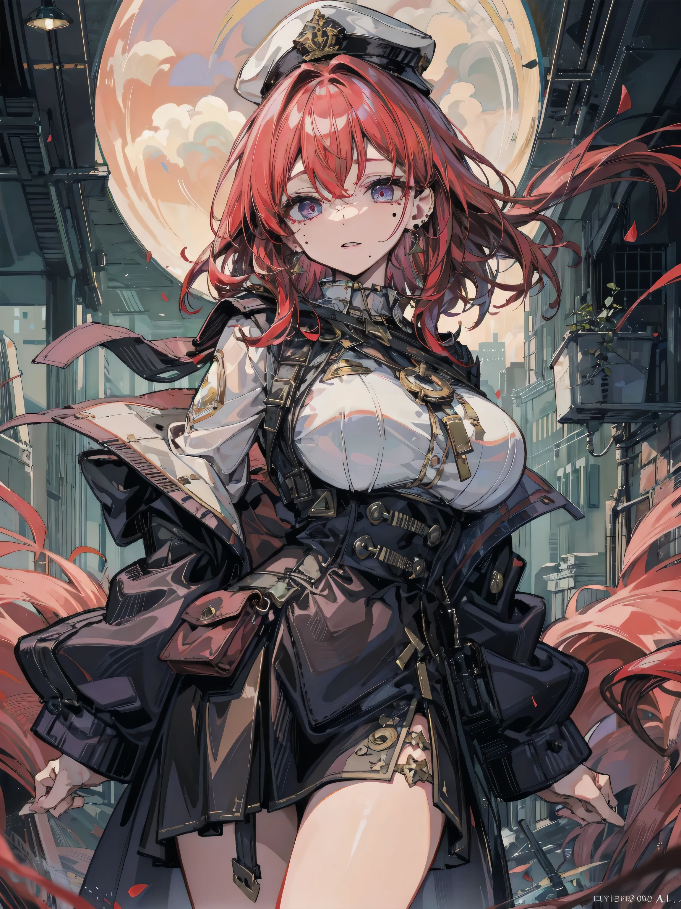 1lady, solo,cool,red hair,red eyes,big breast,cleavage,hold a sword,thief,weapon over shoulder,standing,hand on hip