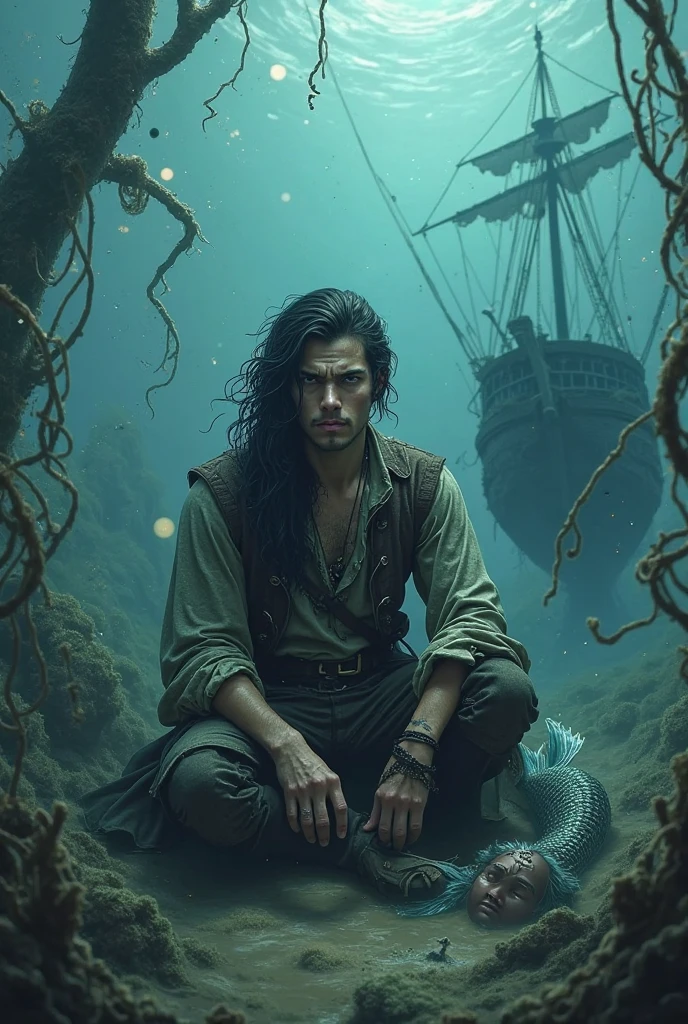 A creepy,  spokey  image of a pirate young man sitting at the bottom of the sea and a mermaid with long, curly dark hair and and fish tail swim a round him and looking curiously, Botten of the sea mystical ,sunken boat in the background.
