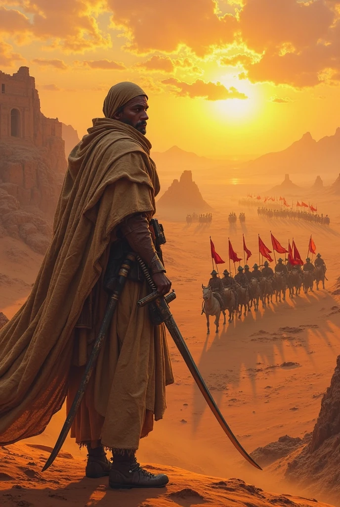Un fier guerrier du désert touareg, vêtu d'une tunique en lin usée et d'une cape en laine épaisse, se tient debout sur une dune de sable ocre, scrutant l'horizon. Son visage est partiellement caché par un tissu traditionnel, laissant entrevoir des yeux perçants et une peau tannée par le soleil. À ses pieds, un cimeterre courbé brille sous la lumière ardente. En arrière-plan, une légion romaine en formation serrée avance dans le désert : centurions en armure lorica segmentata, boucliers scutum alignés et étendards rouges flottant dans le vent chaud. Des montagnes rocheuses et des ruines anciennes complètent la scène, sous un ciel embrasé par le coucher du soleil. Style épique et dramatique, inspiré des peintures historiques, avec des contrastes marqués entre l'ombre et la lumière