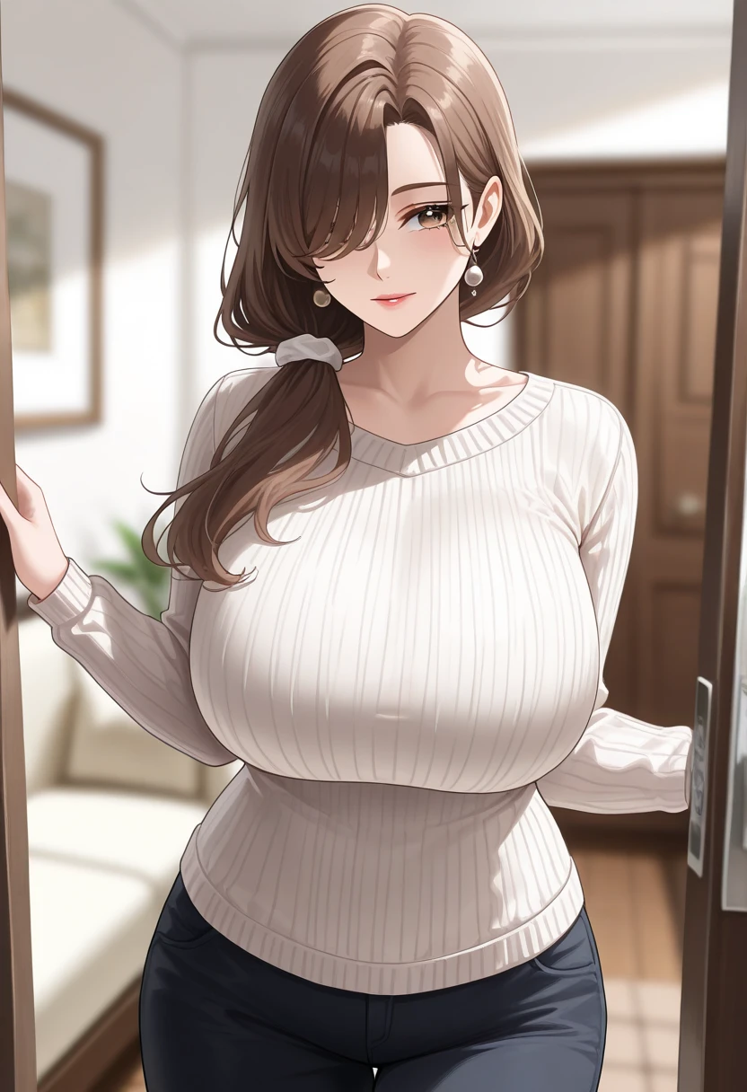 score_9, score_8_up, score_7_up, source_anime, anime screencap, 1girl, brown hair, long hair, brown eyes, big breasts, living room, sweater, standing