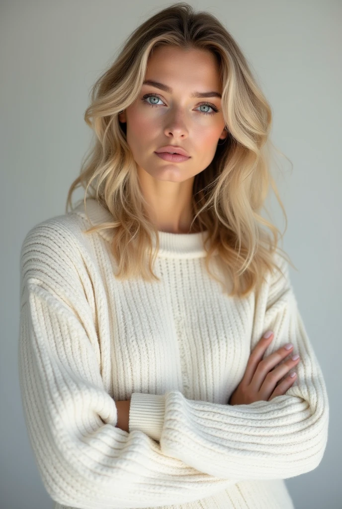 Pretty American woman, 2, white skin, blonde hair, cold personality, perfect facial features, brown sweater, skinny body, aesthetic background, realistic