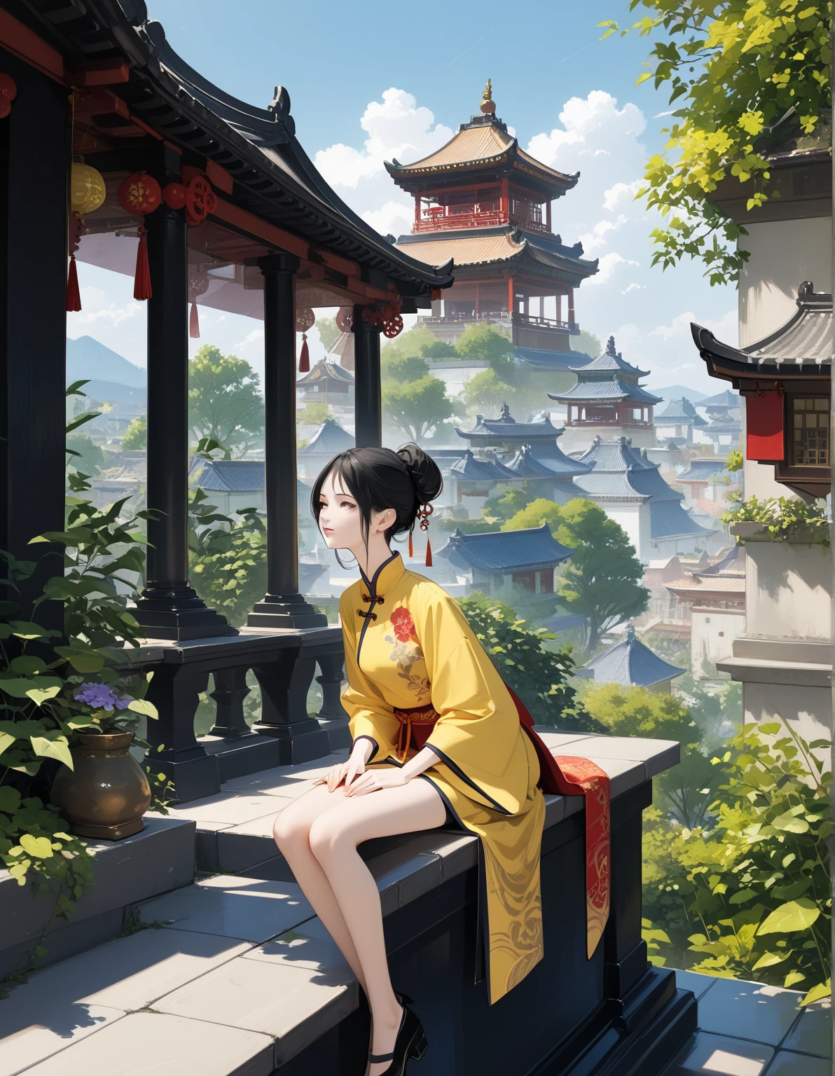 araffe woman in a yellow kimono sitting on a ledge, palace ， a girl in hanfu, realistic anime 3 d style, artwork in the style of guweiz, beautiful character painting, 3 d anime realistic, trending on cgstation, anime styled 3d, wearing ancient chinese clothes, chinese girl, artgerm and atey ghailan