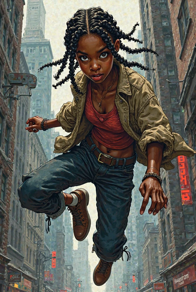 draw me a  african American girl in spider man comic Art style. She has box braids and black eyes. She's dressed in an old man shirt. she looks rough.
