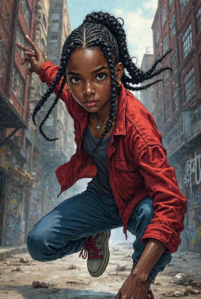 draw me a  african American girl in spider man comic Art style. She has box braids and black eyes. She's dressed in an old man shirt. she looks rough.