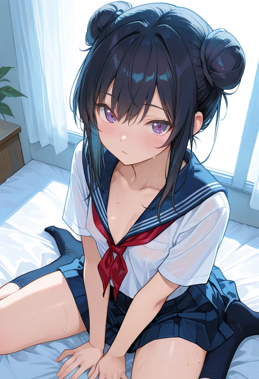 elementary school girl 8-year-old flat chest black hair long hair eyes are purple ((1 person)) White upper body blouse Lower body navy blue miniskirt white panties girl's room sitting on the sofa opening and reading a magazine((足が開いてwhite pantiesが見える)) from the front Lower body center angle