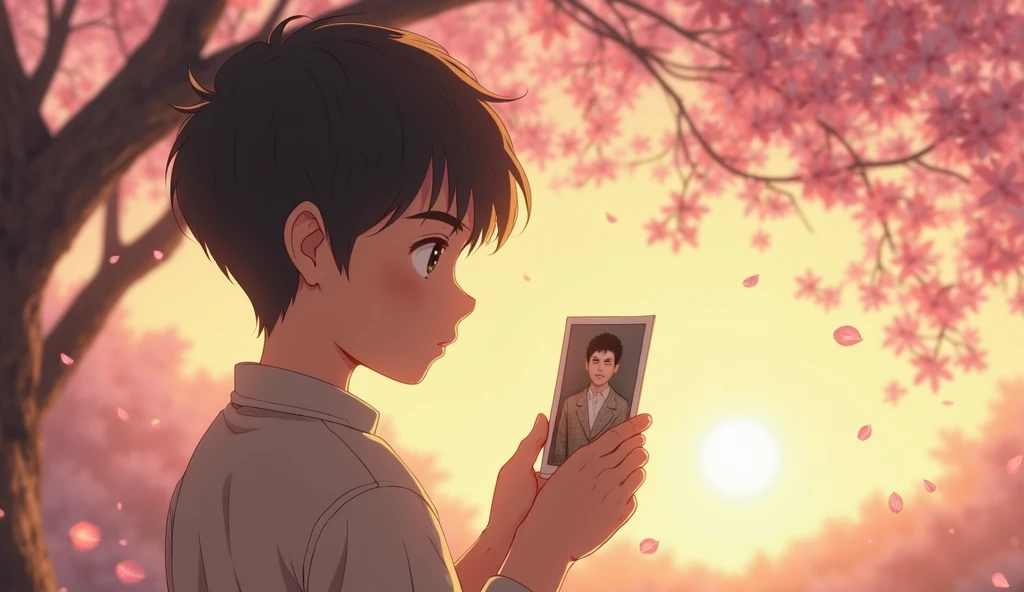 A age Asian boy standing under a cherry blossom tree at sunset, holding a photograph. Pink petals fall gently. Emotional atmosphere, soft lighting, cinematic depth of field, anime-inspired, realistic detail, 4K resolution