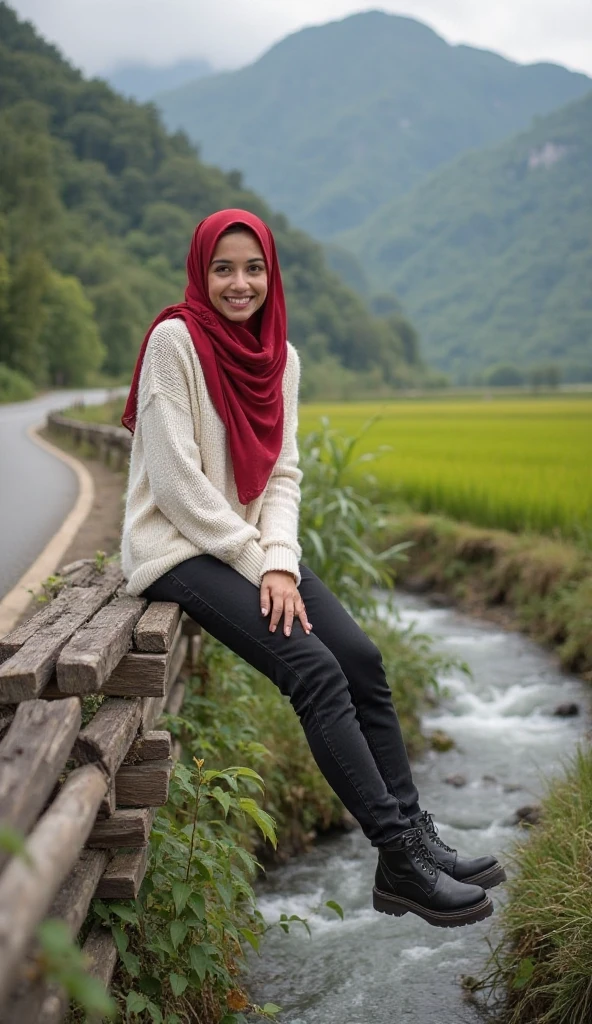 A young Indonesian woman wearing a Red hijab and a blue, Reed, green ,withe sweater, posing with a cheerful and relaxed expression by the riverside. She is standing next to a gently flowing river, Big Boobs size 38 surrounded by lush greenery and tall trees. The scene conveys a peaceful and natural atmosphere, capturing a moment of contentment and tranquility. Her pose is slightly dynamic, with one hand resting on her hip and the other lightly touching her hijab, adding a sense of casual elegance to the scene. 8K HD, Real Photografy