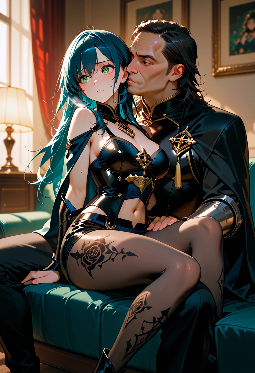 (Full HD 4K), A girl and a man, Sexual positions, Masterpiece, detailing, ((anime girl sitting on a man's groin)), Clothing is underwear of transparent color, Anime girl from anime "Show by rock" light blue, Green eyes, black hair,, black cat ears, blushed cheeks, shy face, covers his chest with his hands, Masterpiece, a girl, cute anime girl, moment