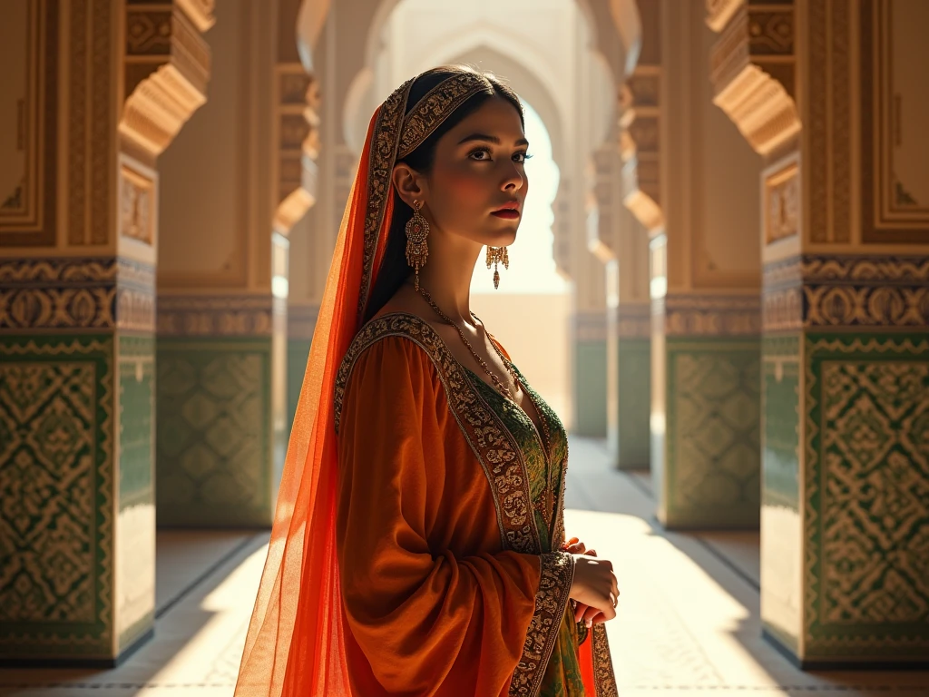 A young woman in traditional Moroccan dress opens her eyes and finds herself in a magnificent Moroccan palace.