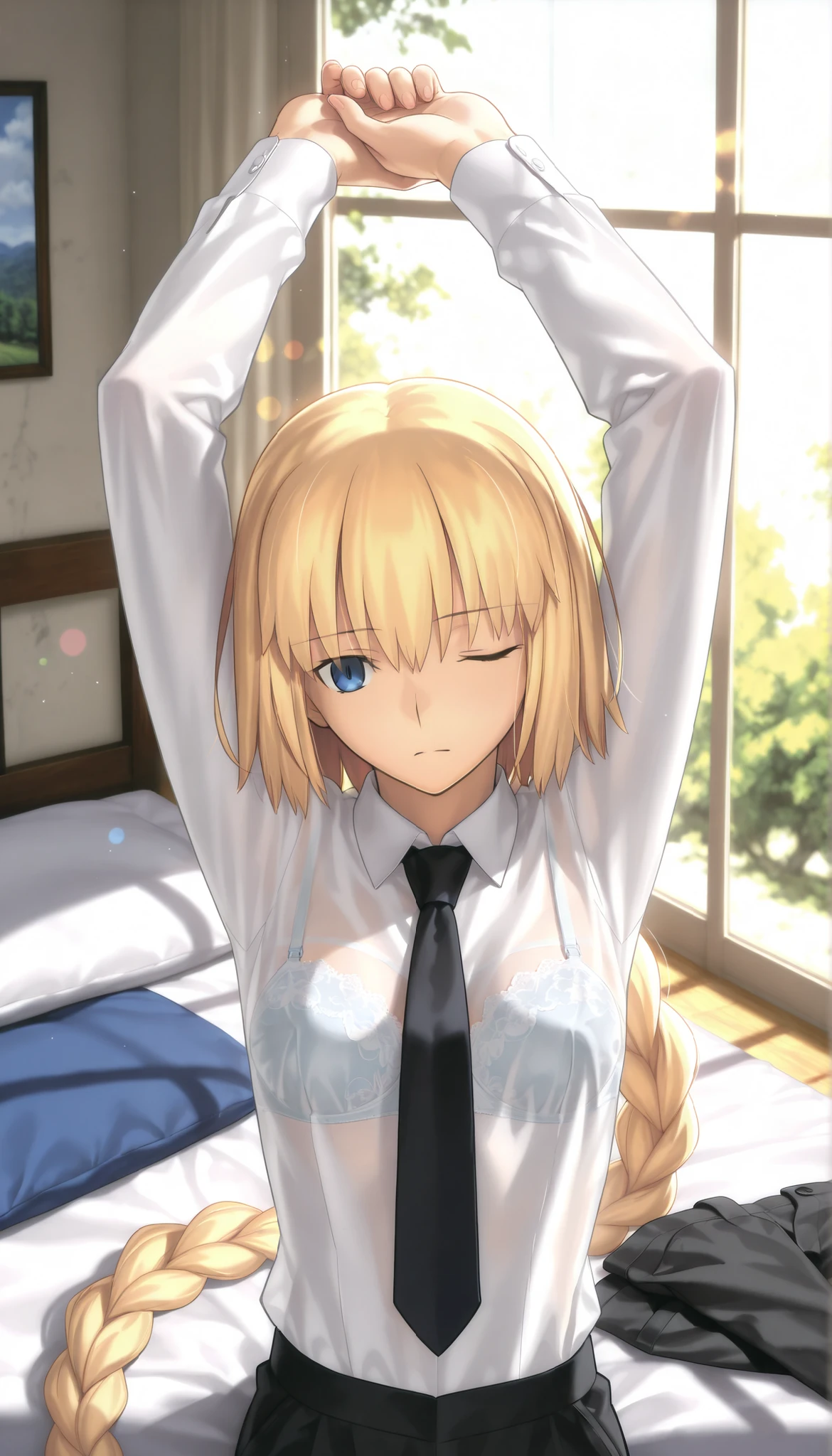 masterpiece, , absurdres, highres, detailed background, high resolution, masterpiece, necessary, detail, best quality, quality, necessary, details, High details, Precise, indoors, (dappled sunlight), day, lens flare, blurry background, ((from above)), upper body, , solo, ,
1girl, , Takeuchi Takashi (type-moon,tsukihime) style, takeuchi takashi style, ((Stretching, Reaching out and stretching, arms up)), ((Napping)), (((one eye closed, eyelids half closed ))), (sitting) , ,
tall girl, mature, jeanne d arc, \(fgo\), blue eyes, , jeanne d arc, blonde hair, medium hair, ( floating hair ), (open white dress shirt), black necktie, ,big braid, single braid, small breasts, underwear, looking at viewer, lace bra ,light see-through, concrete, pants , ,