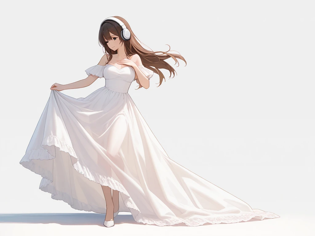beautiful woman standing; smiling sadly; wearing elegant dress;